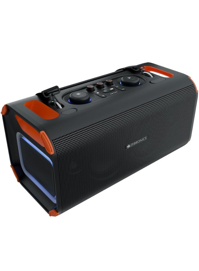 زيبونيكس Zebronics Party Speaker, 150W, AURACAST Technology, Upto 5 Hours Playtime, 4 Drivers, BT v5.4, Wireless Mic, Mic & Guitar in, RGB, Mobile Holder, Splash Proof, AUX, USB, App Support (Prima Pro) - Image 1